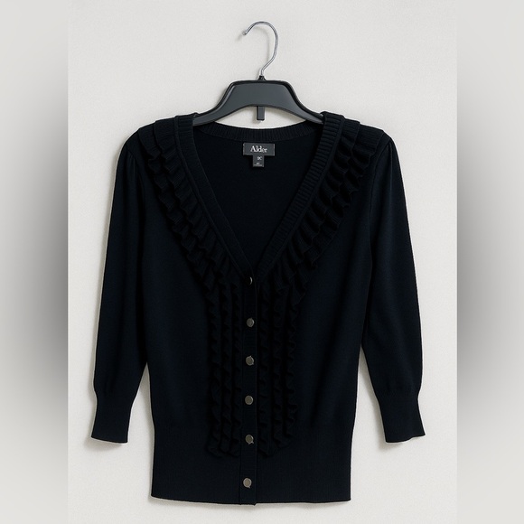 Alfani Black Ruffled V-Neck Cardigan Size Large 3/4 Sleeve Silver Button Sweater - Picture 1 of 3